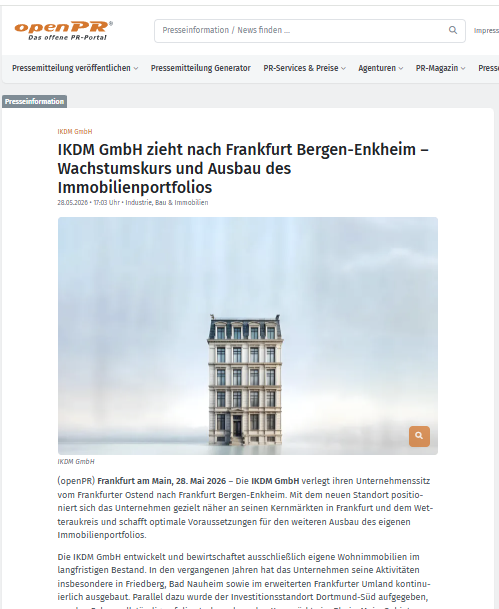 IKDM GmbH zieht nach Frankfurt Bergen-Enkheim – Ausbau des Portfolios an Wohnimmobilien und Mehrfamilienhäusern.